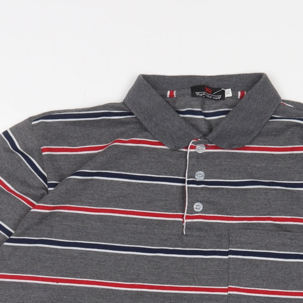 Fight the wolf Mens Grey Striped Polyester Polo Size XL Collared Button