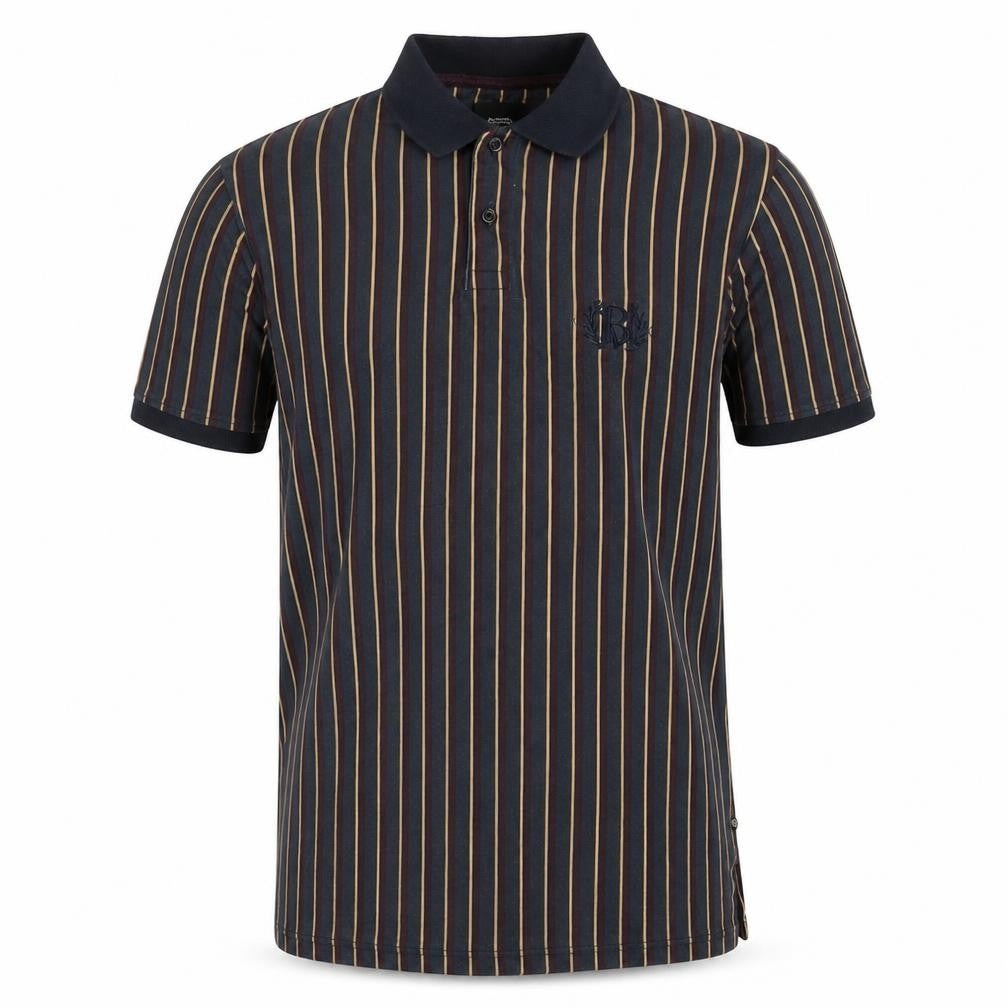Front view of Burton men’s blue striped cotton polo, size S, collared button - logo, embroidered
