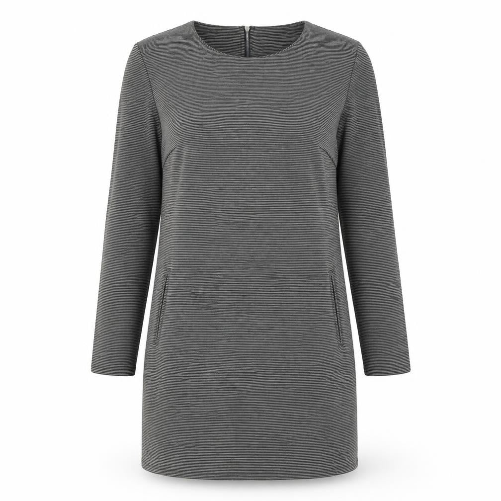 Front view of Kaliko Women's Grey Striped Shift Dress Medium