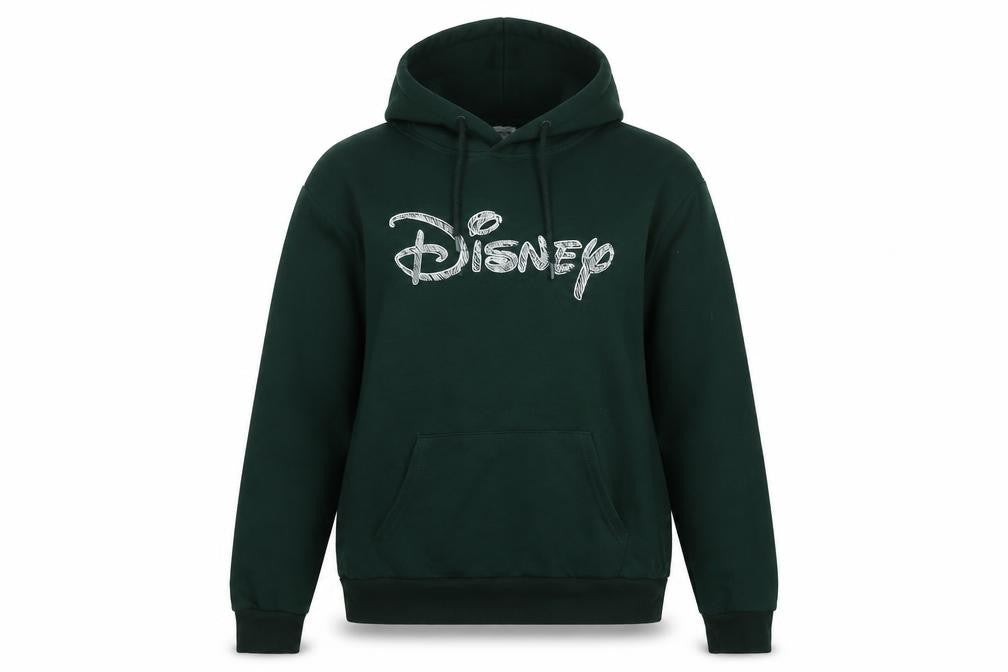 Front view of Disney women’s green polyester pullover hoodie, size S, - logo- disney