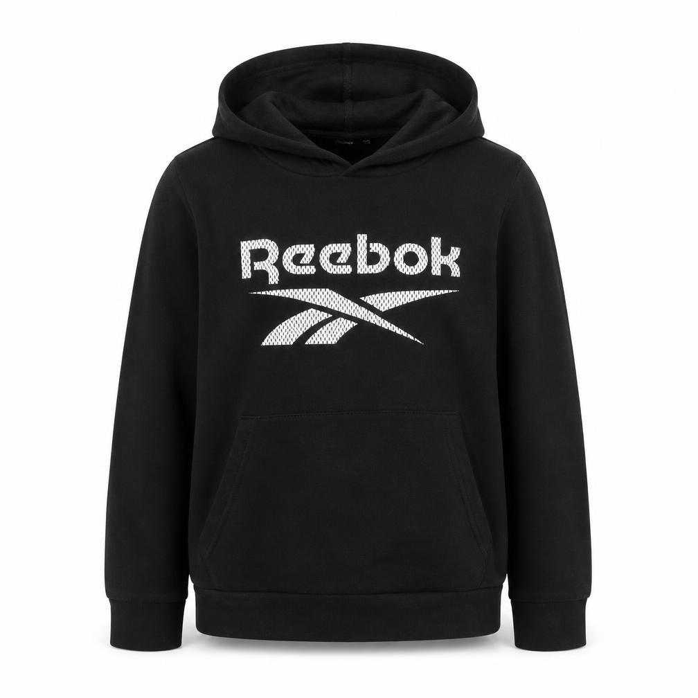 Front view of Reebok` boys’ black polyester pullover hoodie, size 9-10, years - logo- reebok