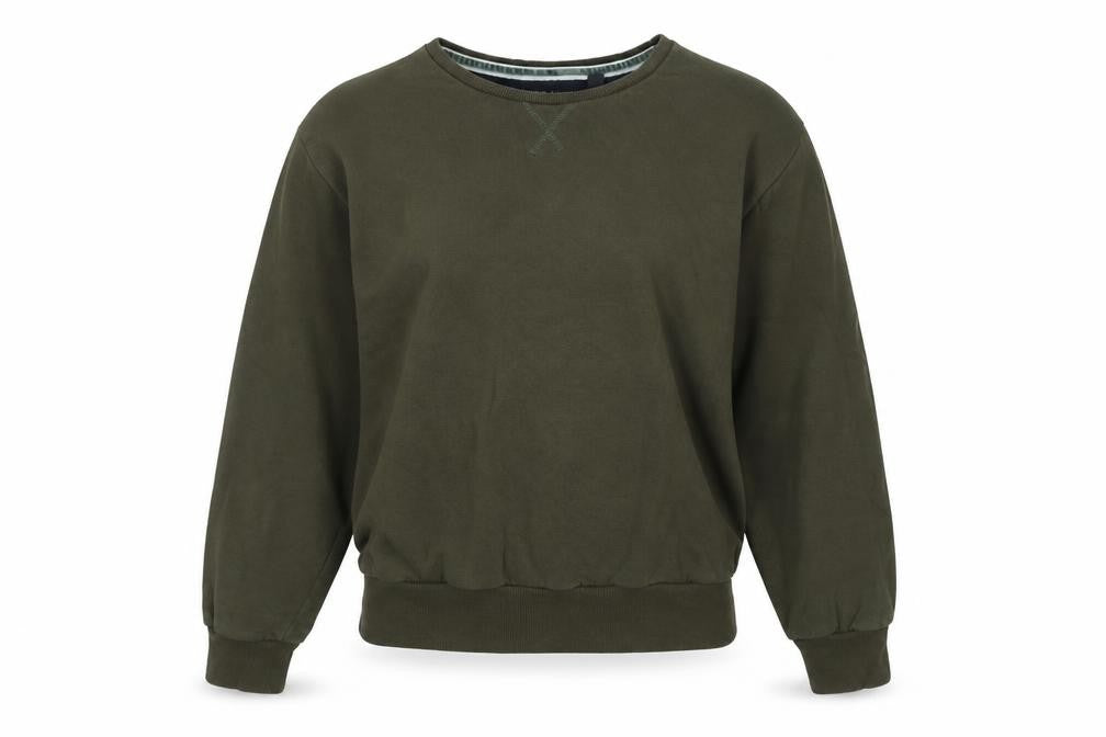 Front view of Brave Soul women’s green polyester pullover sweatshirt, size M, - logo