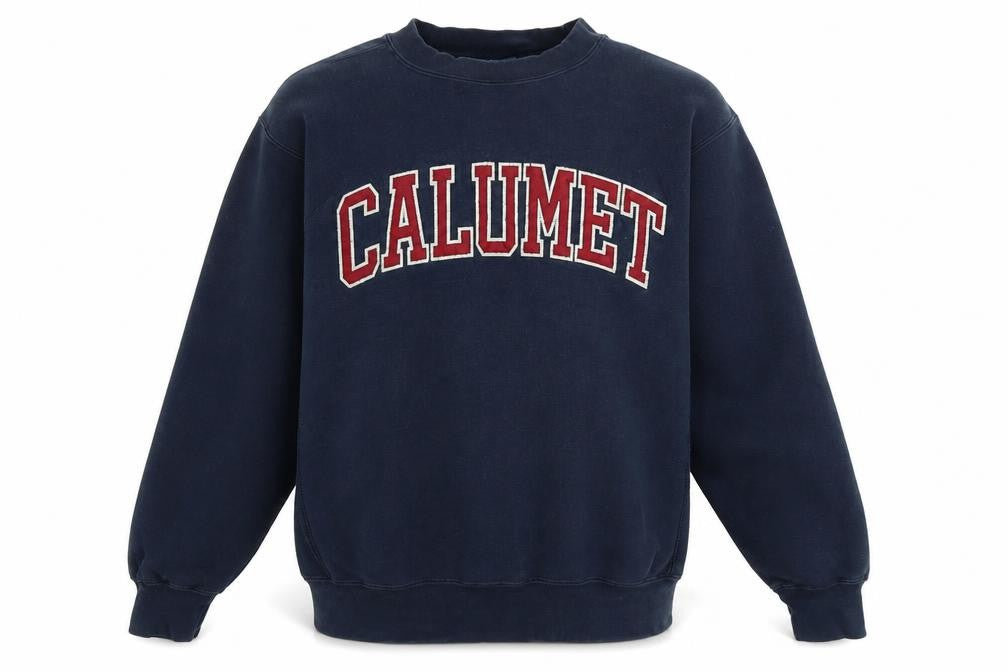 Front view of calumet men’s blue cotton pullover sweatshirt, size M, - logo- calumet
