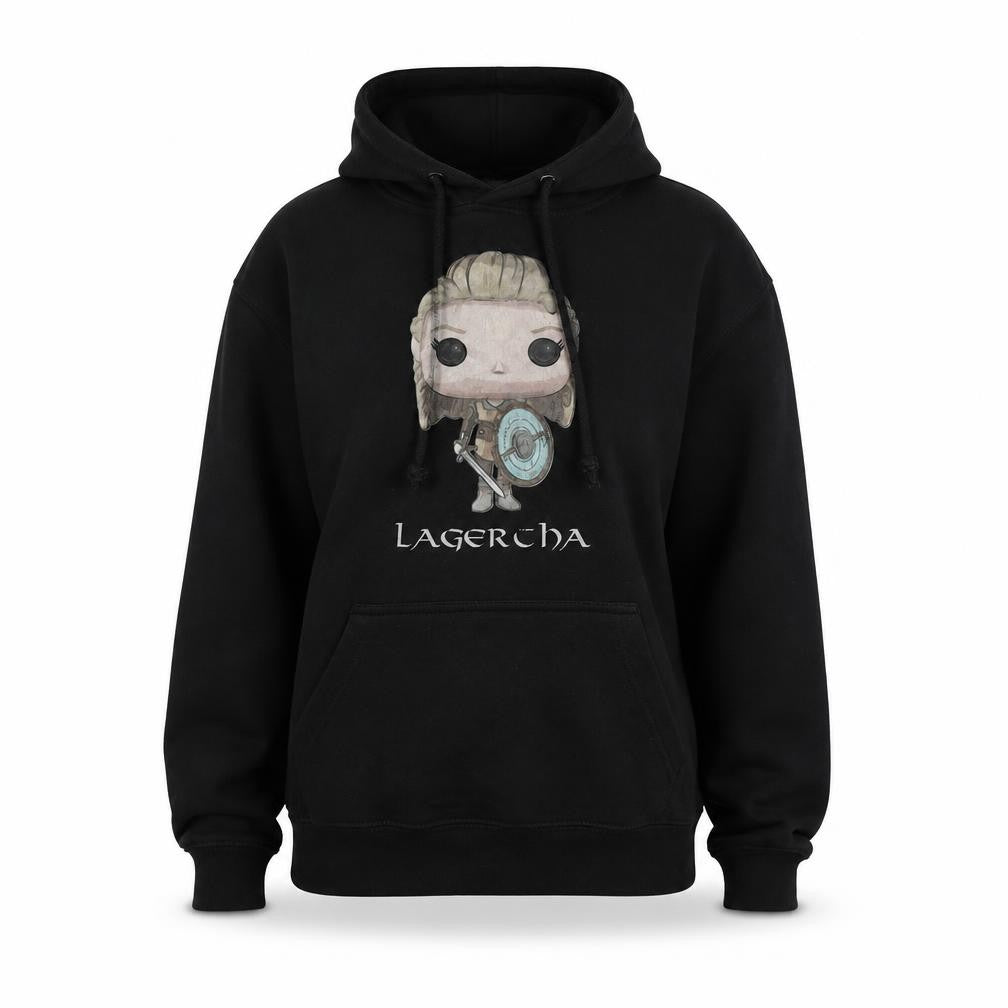 Front view of Vikings women’s black cotton pullover hoodie, size M, - logo - lagertha