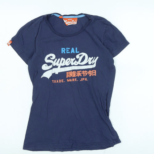 Superdry Womens Blue Cotton Basic T-Shirt Size S Scoop Neck - Logo - Real Superdry