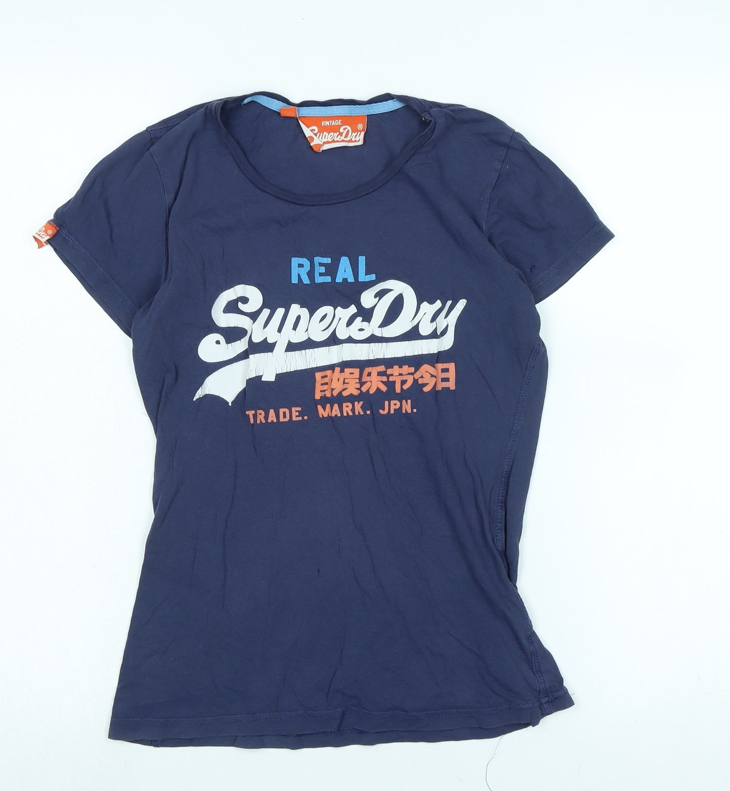 Superdry Womens Blue Cotton Basic T-Shirt Size S Scoop Neck - Logo - Real Superdry