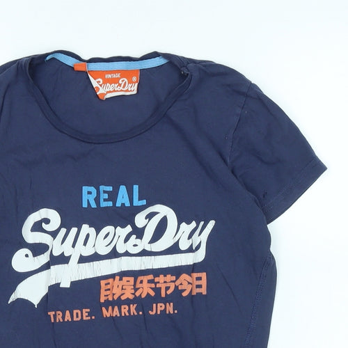 Superdry Womens Blue Cotton Basic T-Shirt Size S Scoop Neck - Logo - Real Superdry