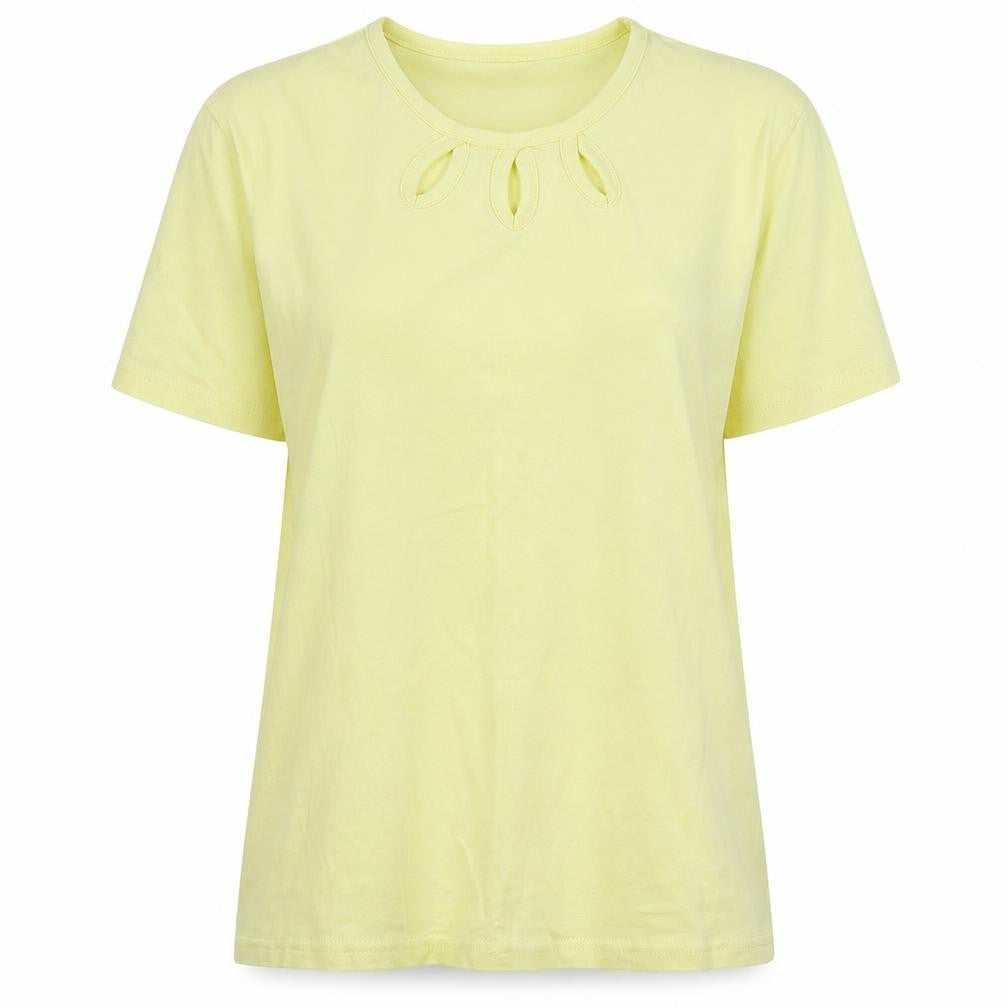 Front view of Isle women’s yellow cotton basic t-shirt, size M, scoop neck - logo