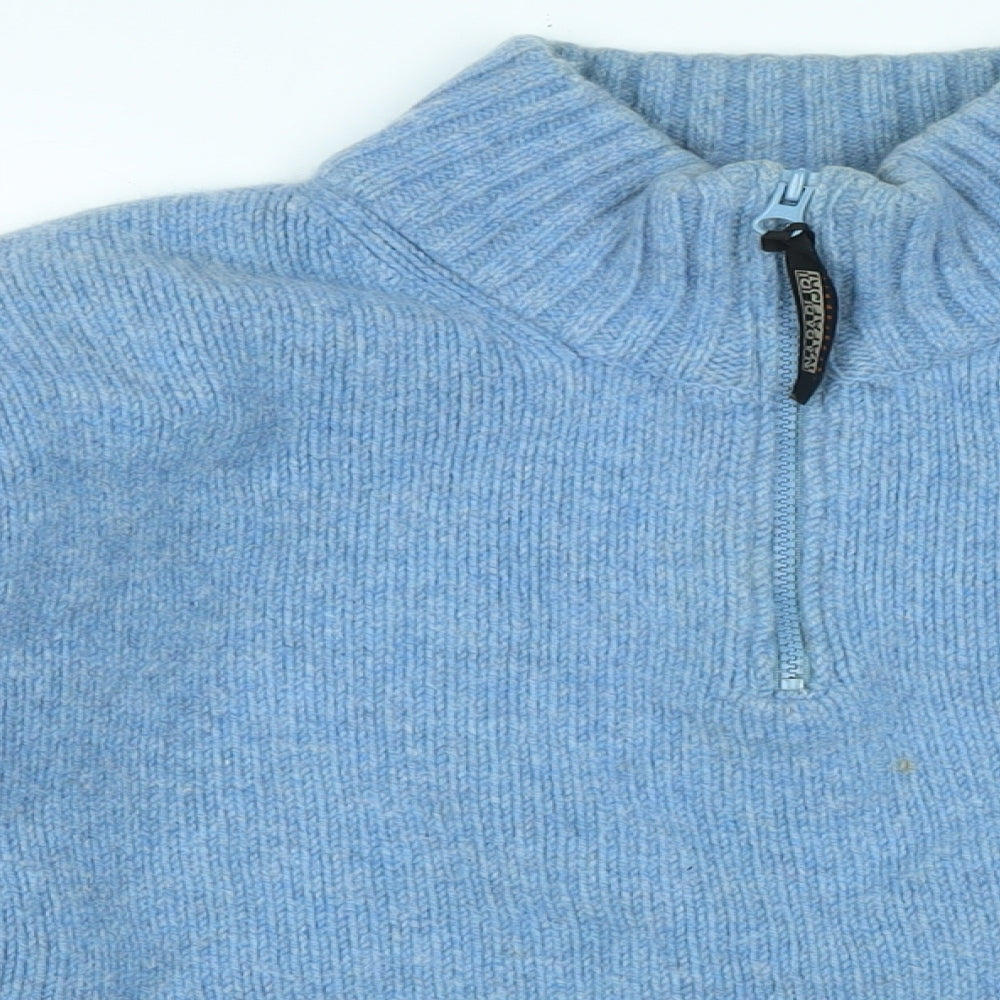 Napapijri Mens Blue Mock Neck Wool Pullover Jumper Size L Long Sleeve - Logo