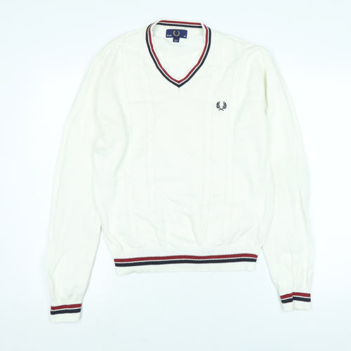 Fred Perry Mens Ivory V-Neck Cotton Pullover Jumper Size S Long Sleeve - Logo