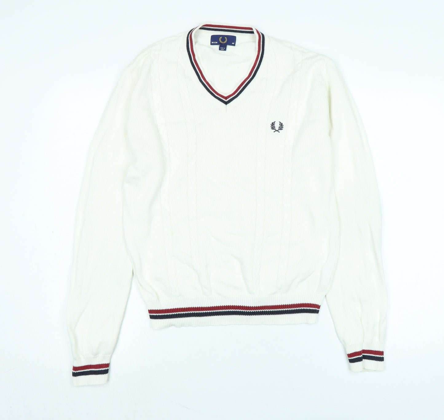 Fred Perry Mens Ivory V-Neck Cotton Pullover Jumper Size S Long Sleeve - Logo