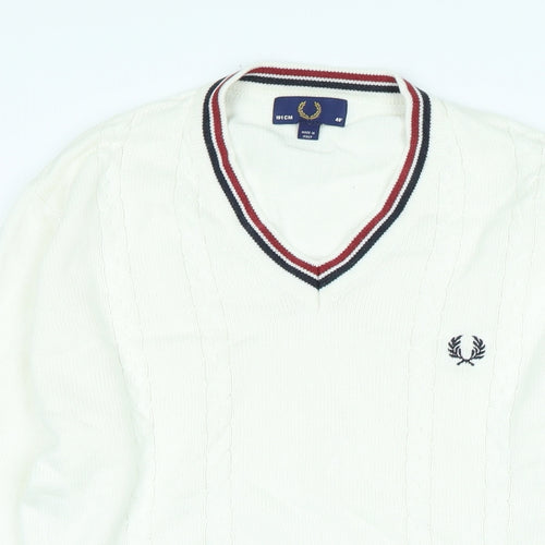 Fred Perry Mens Ivory V-Neck Cotton Pullover Jumper Size S Long Sleeve - Logo