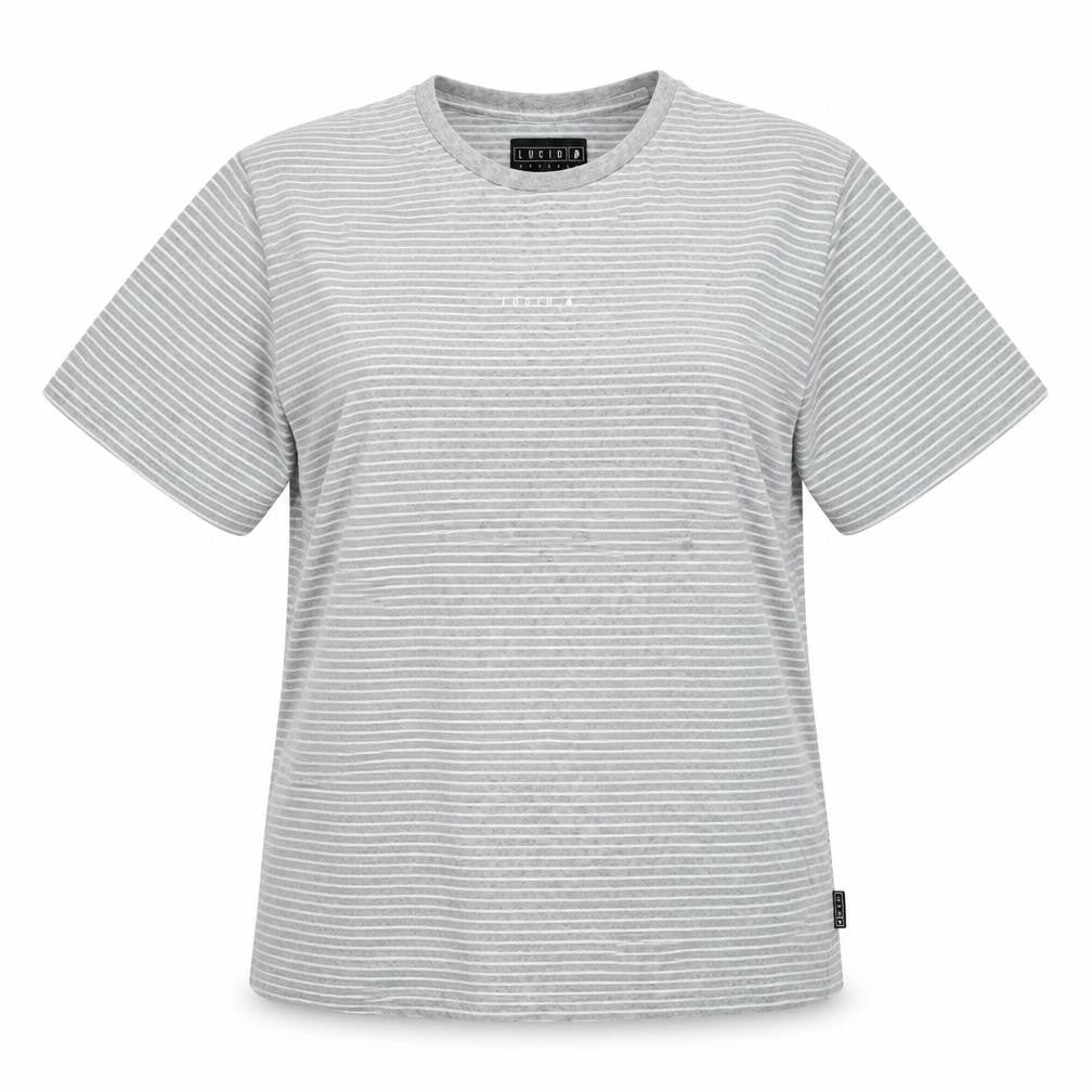 Front view of Lucid women’s grey cotton basic t-shirt, size UK 12, crew neck - logo
