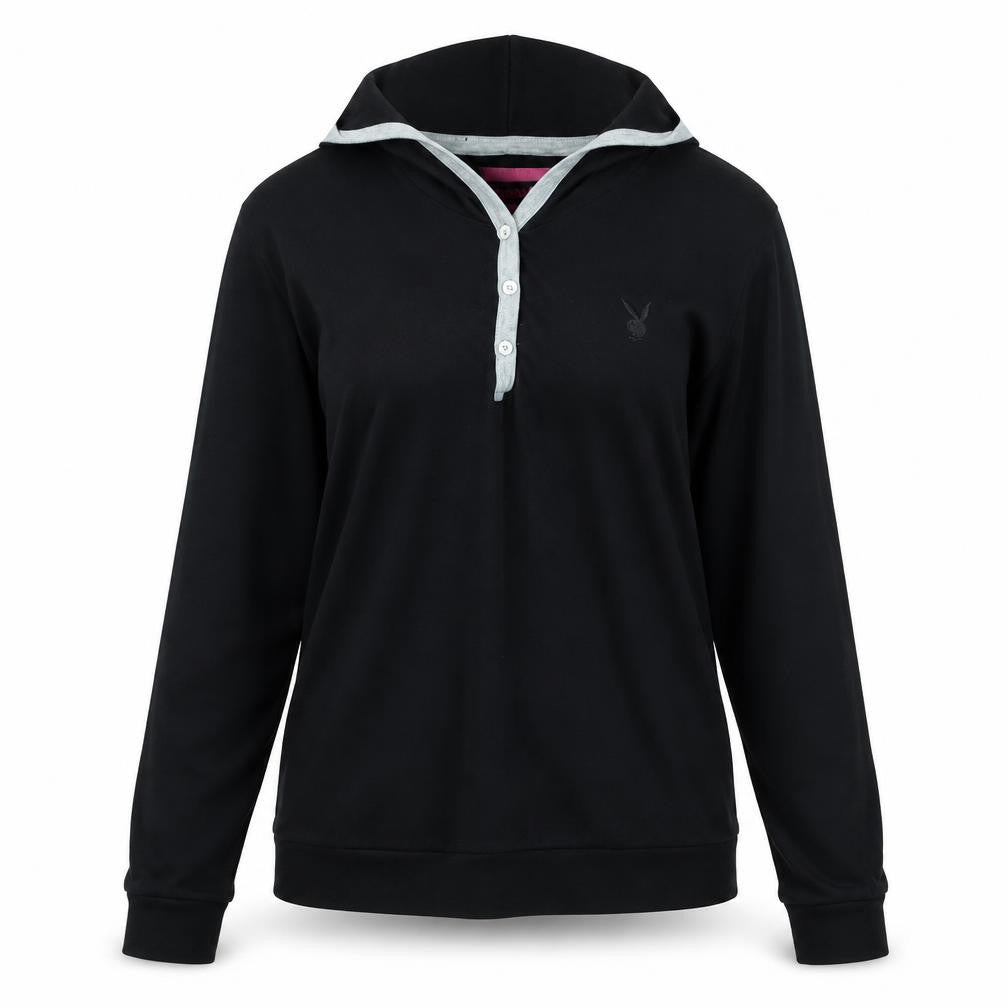 Front view of Playboy women’s black cotton pullover hoodie, size UK 14, - logo