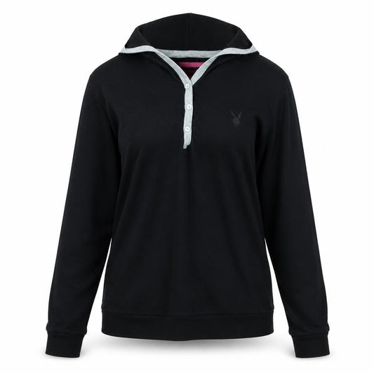Front view of Playboy women’s black cotton pullover hoodie, size UK 14, - logo