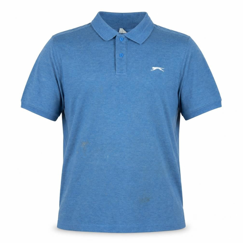Front view of Slazenger men’s blue cotton polo, size L, collared button - logo
