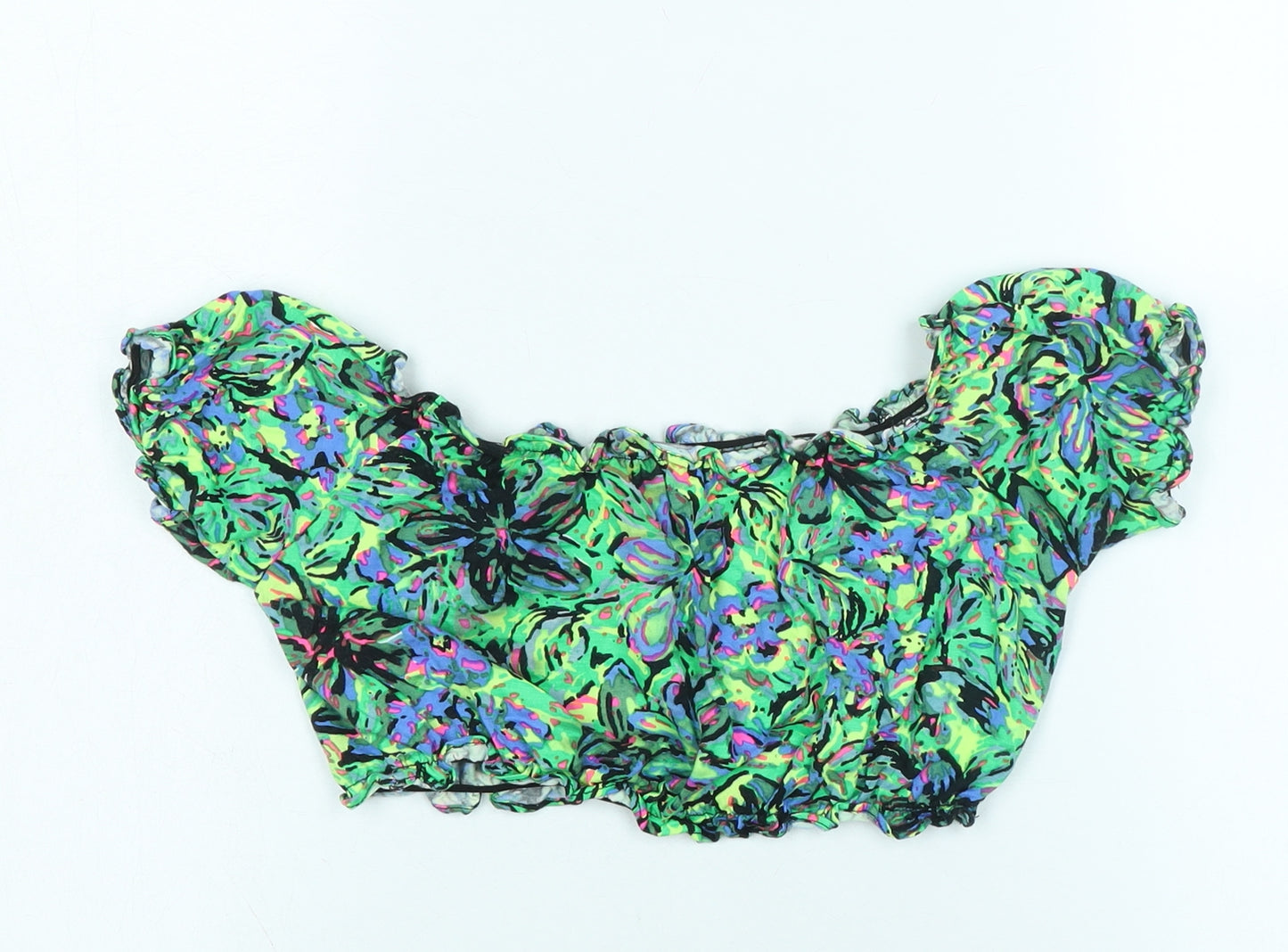 Motel Womens Multicoloured Floral Cotton Cropped T-Shirt Size S Off the Shoulder - Logo