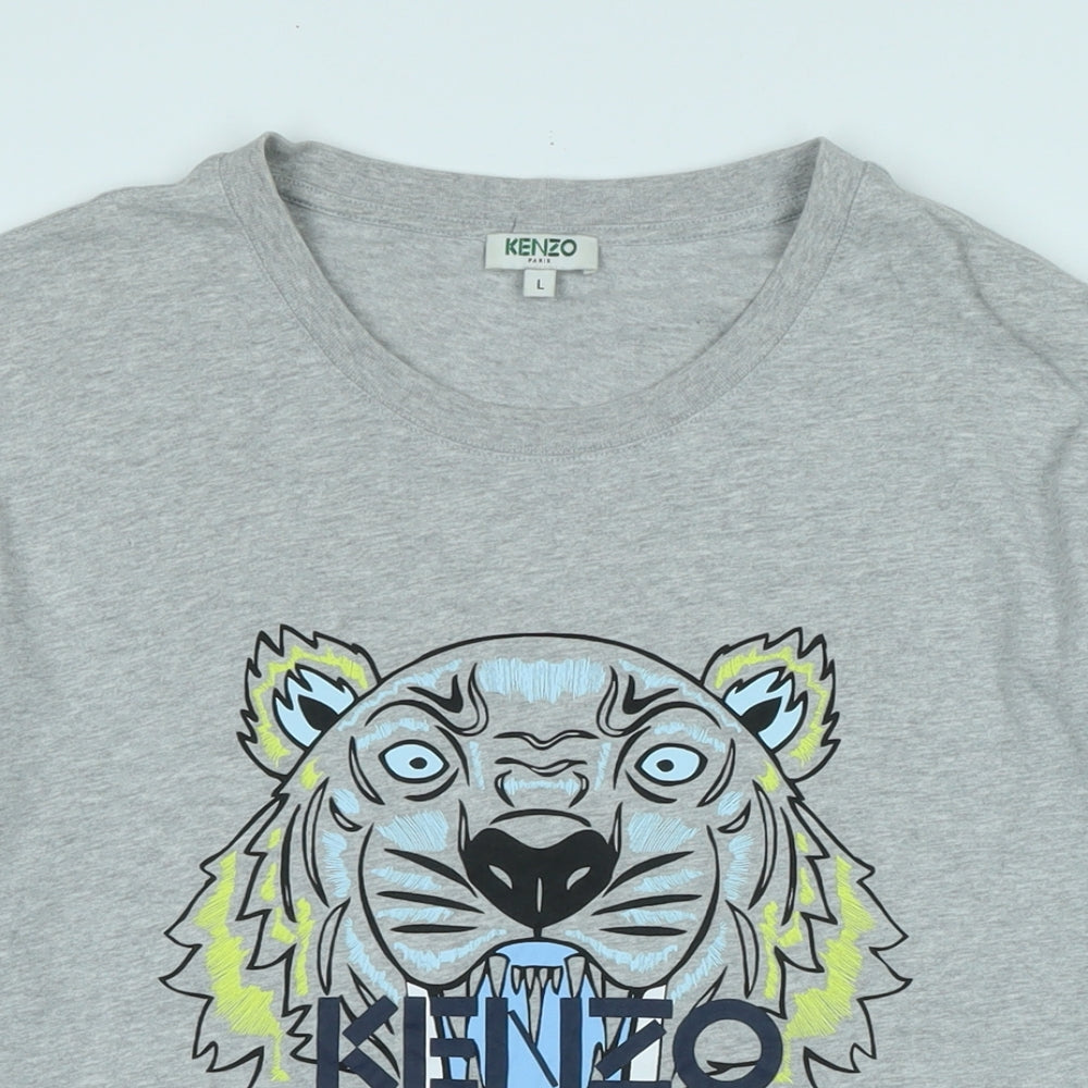 KENZO Mens Grey Cotton T-Shirt Size L Crew Neck - Logo kenzo Paris