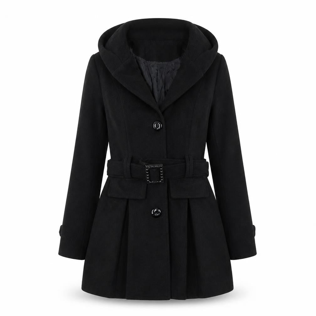 Front view of Made in Italy women’s black overcoat coat, size S, button