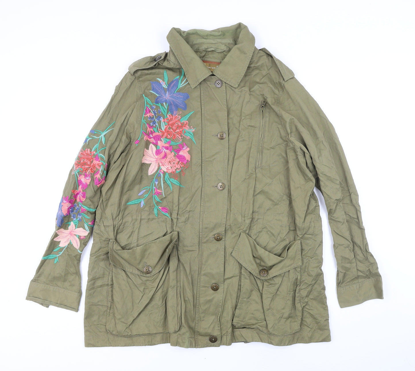 Per Una Womens Green Jacket Size 20 Zip - Embroidered Flowers