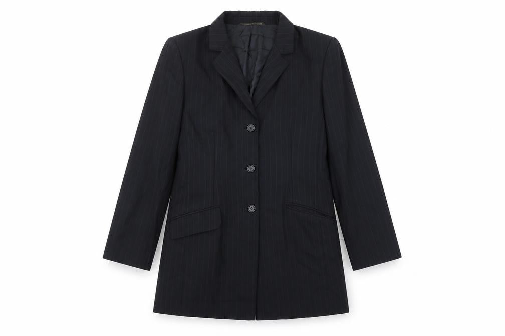 Front view of Marks & Spencer women’s black striped jacket blazer, size UK 16, button