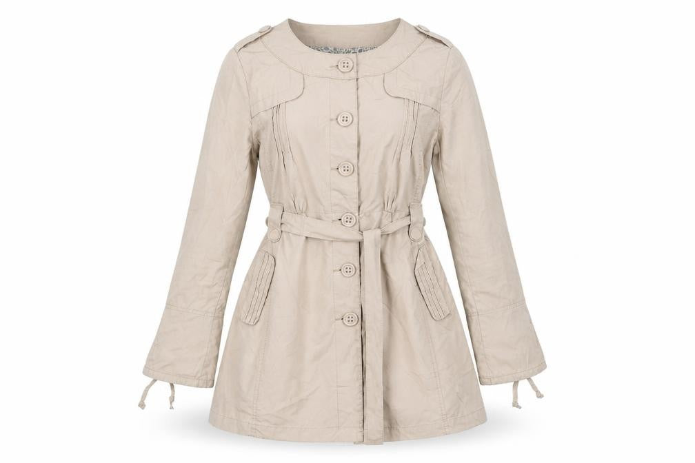 Front view of Moto women’s beige rain coat coat, size UK 14, button
