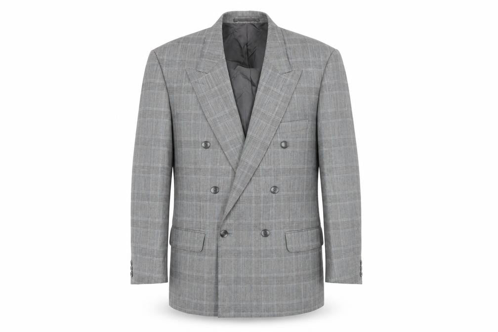 Front view of Van Gills men’s grey check wool jacket blazer, size 42, regular