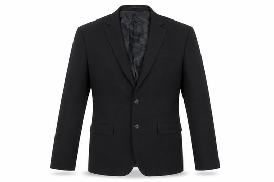 Front view of boohooMAN men’s black polyester jacket blazer, size 40, regular