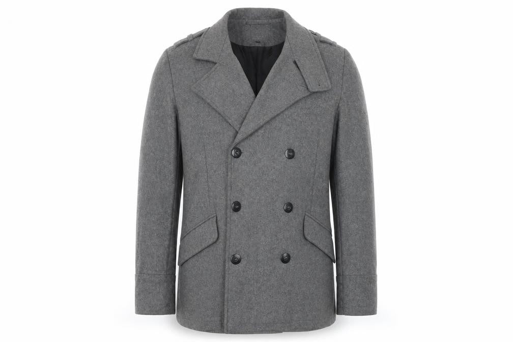 Front view of Peter Werth men’s grey jacket coat, size M, button