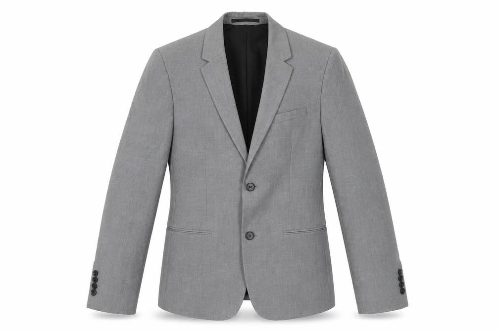 Front view of River Island men’s grey polyester jacket blazer, size 36, regular