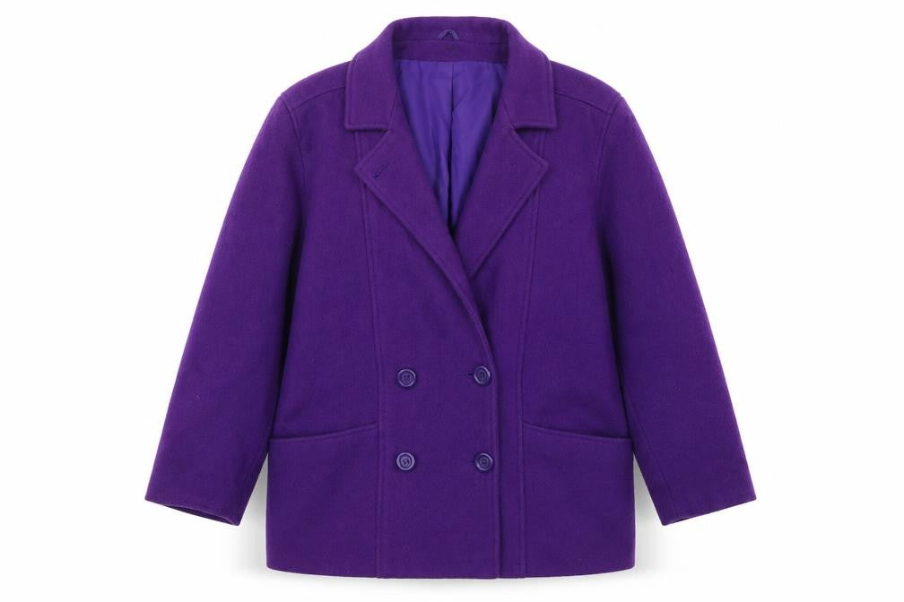 Front view of Zarina women’s purple jacket coat, size UK 16, button
