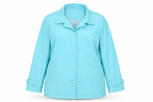 Front view of Finesse women’s green jacket, size UK 22, button