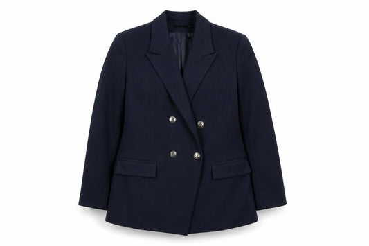 Front view of Boohoo women’s blue jacket blazer, size UK 12, button