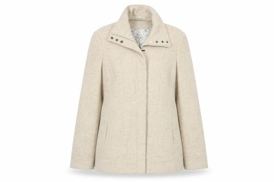 Front view of Klass women’s beige jacket coat, size UK 12, zip