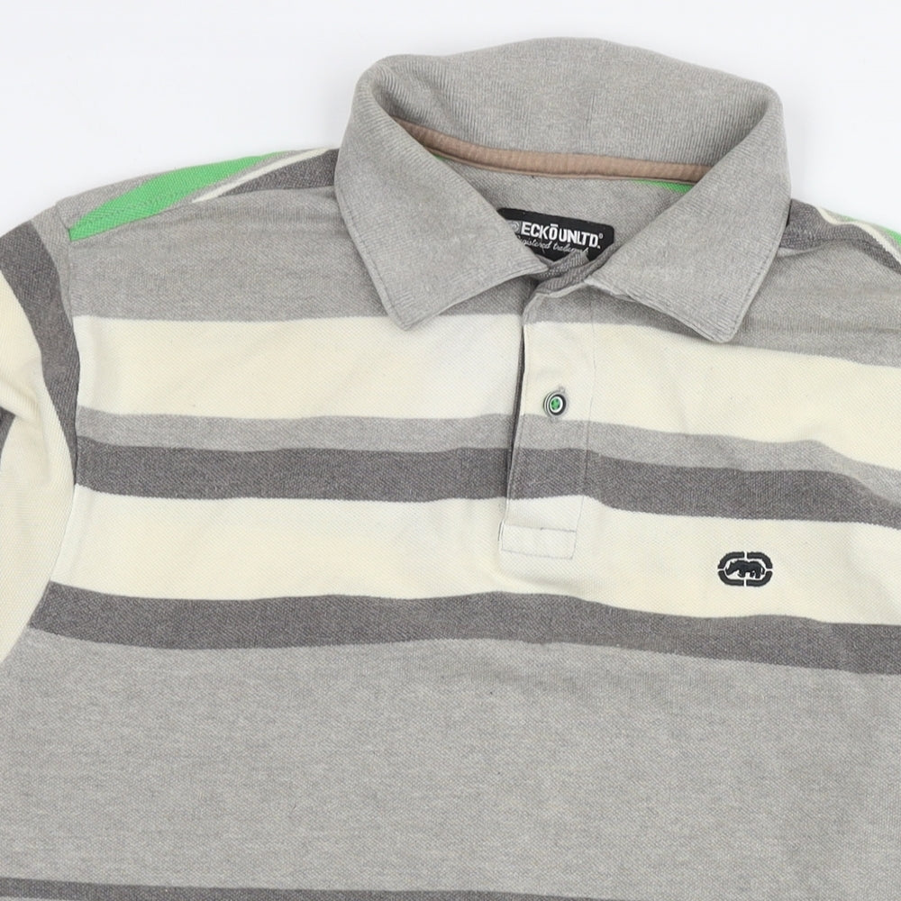 Ecko Unltd. Mens Grey Striped Cotton Polo Size L Collared Pullover