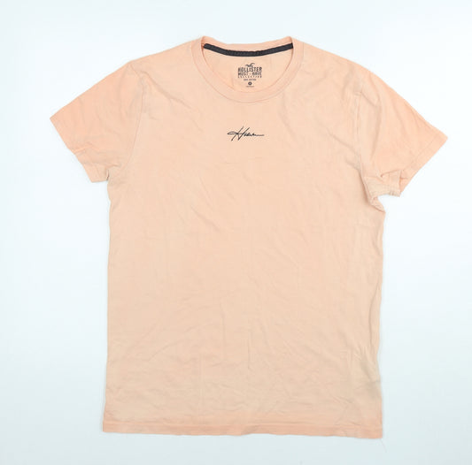 Hollister Mens Orange Cotton T-Shirt Size S Round Neck - Logo