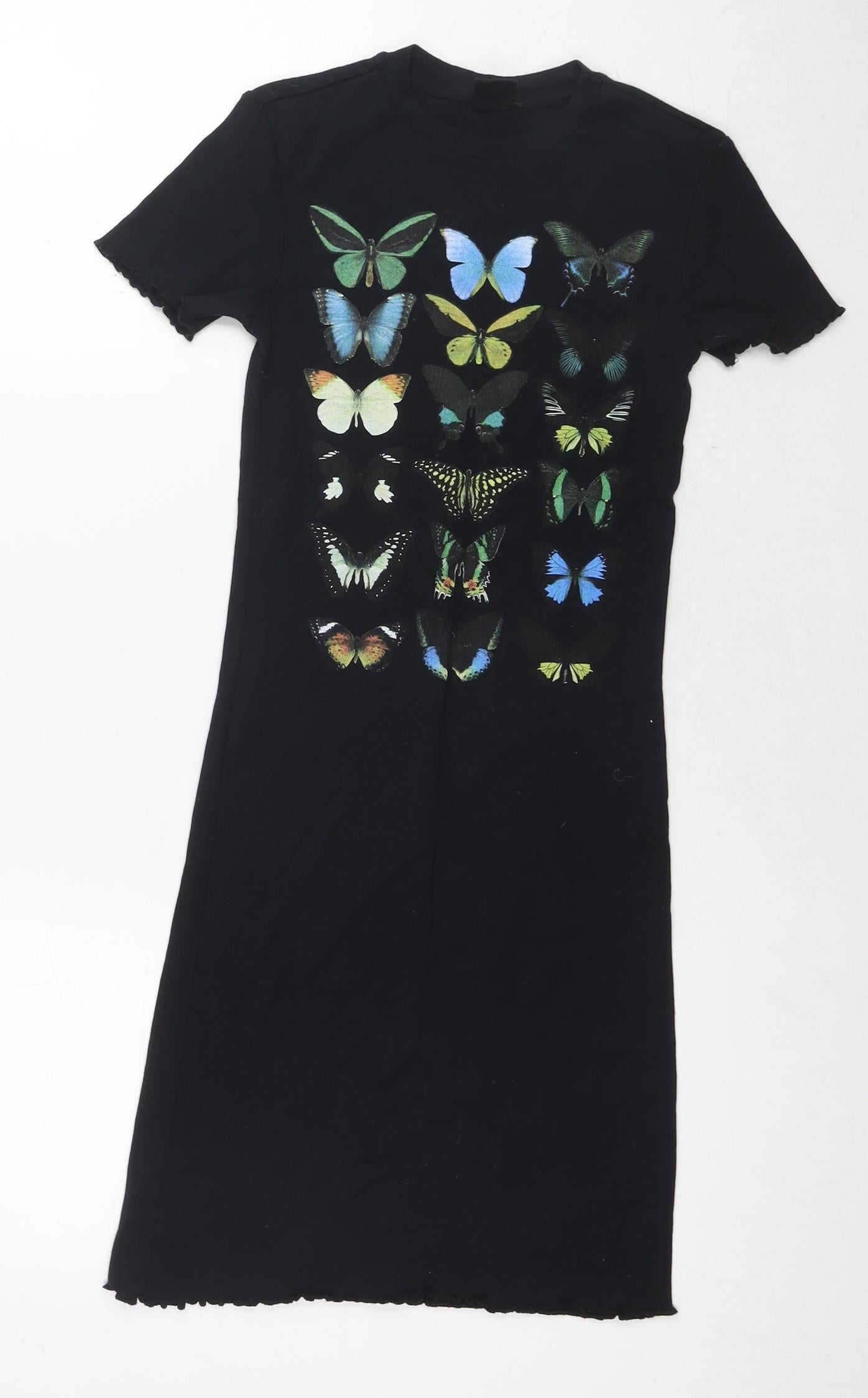 Urban Outfitters Womens Black Cotton T-Shirt Dress Size XS Round Neck Pullover - Butterflies