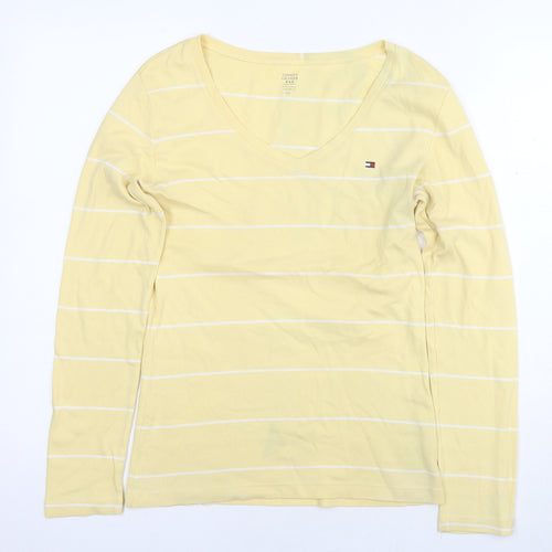 Tommy Hilfiger Womens Yellow Striped Cotton Basic T-Shirt Size M V-Neck
