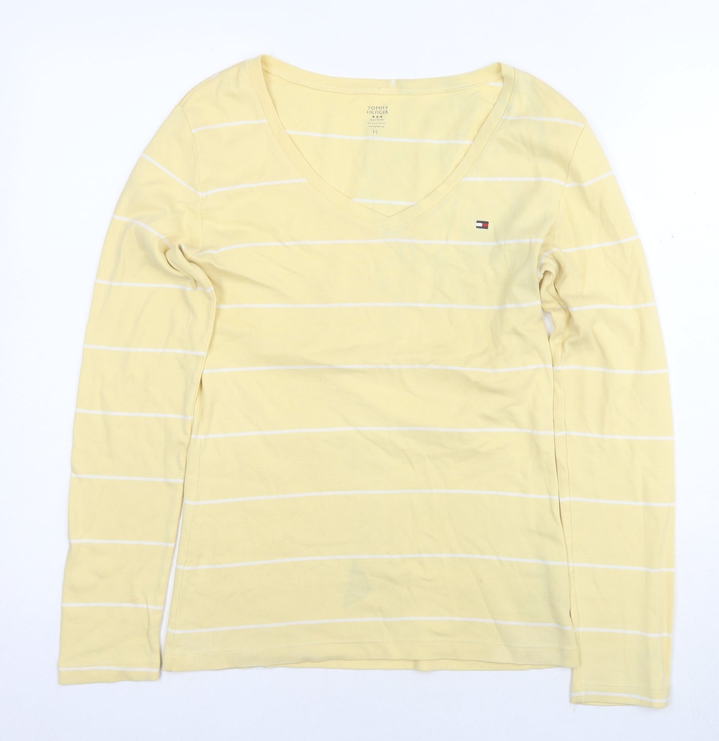 Tommy Hilfiger Womens Yellow Striped Cotton Basic T-Shirt Size M V-Neck