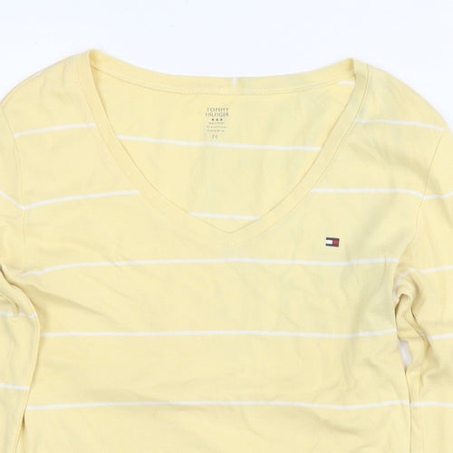 Tommy Hilfiger Womens Yellow Striped Cotton Basic T-Shirt Size M V-Neck