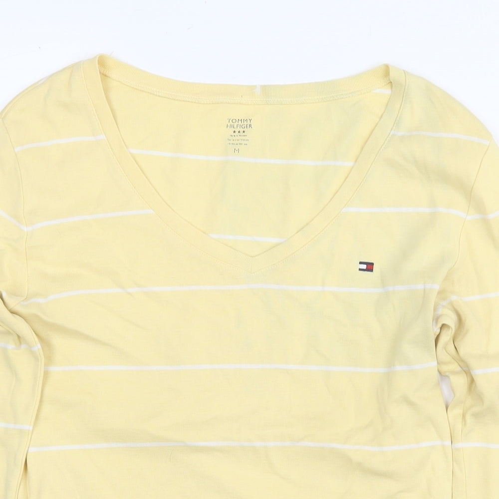Tommy Hilfiger Womens Yellow Striped Cotton Basic T-Shirt Size M V-Neck