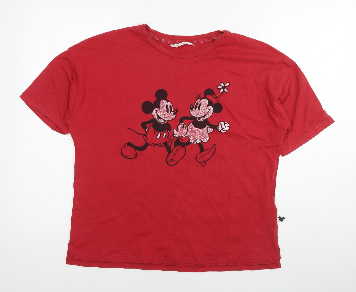 Disney Womens Red Cotton Basic T-Shirt Size 14 Round Neck - Mickey And Minnie Mouse