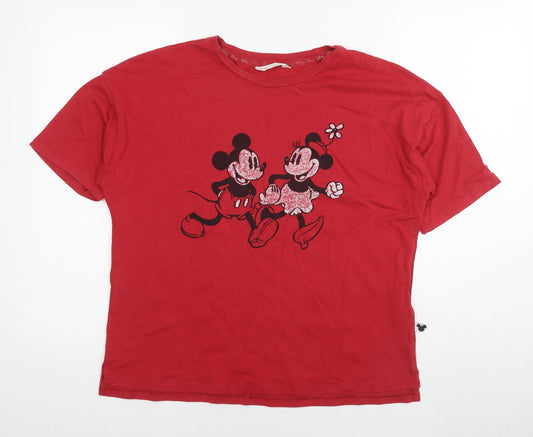 Disney Womens Red Cotton Basic T-Shirt Size 14 Round Neck - Mickey And Minnie Mouse