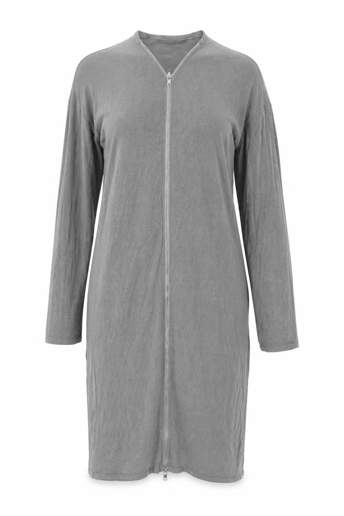 Front view of Postcard women’s grey viscose a-line, size S, round neck zip - label, size UK 2
