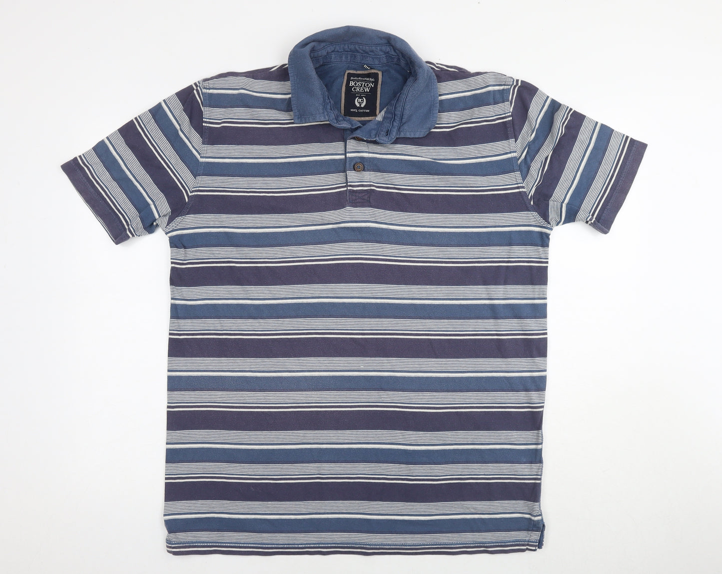 Boston Crew Mens Blue Striped Cotton Polo Size L Collared Pullover