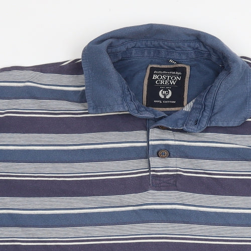 Boston Crew Mens Blue Striped Cotton Polo Size L Collared Pullover