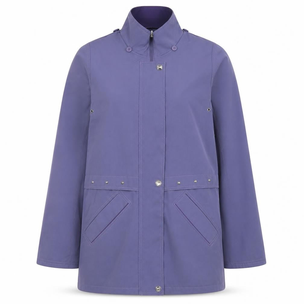 Front view of EWM women’s purple parka jacket, size UK 12, zip