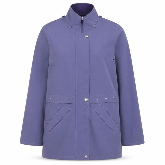 Front view of EWM women’s purple parka jacket, size UK 12, zip