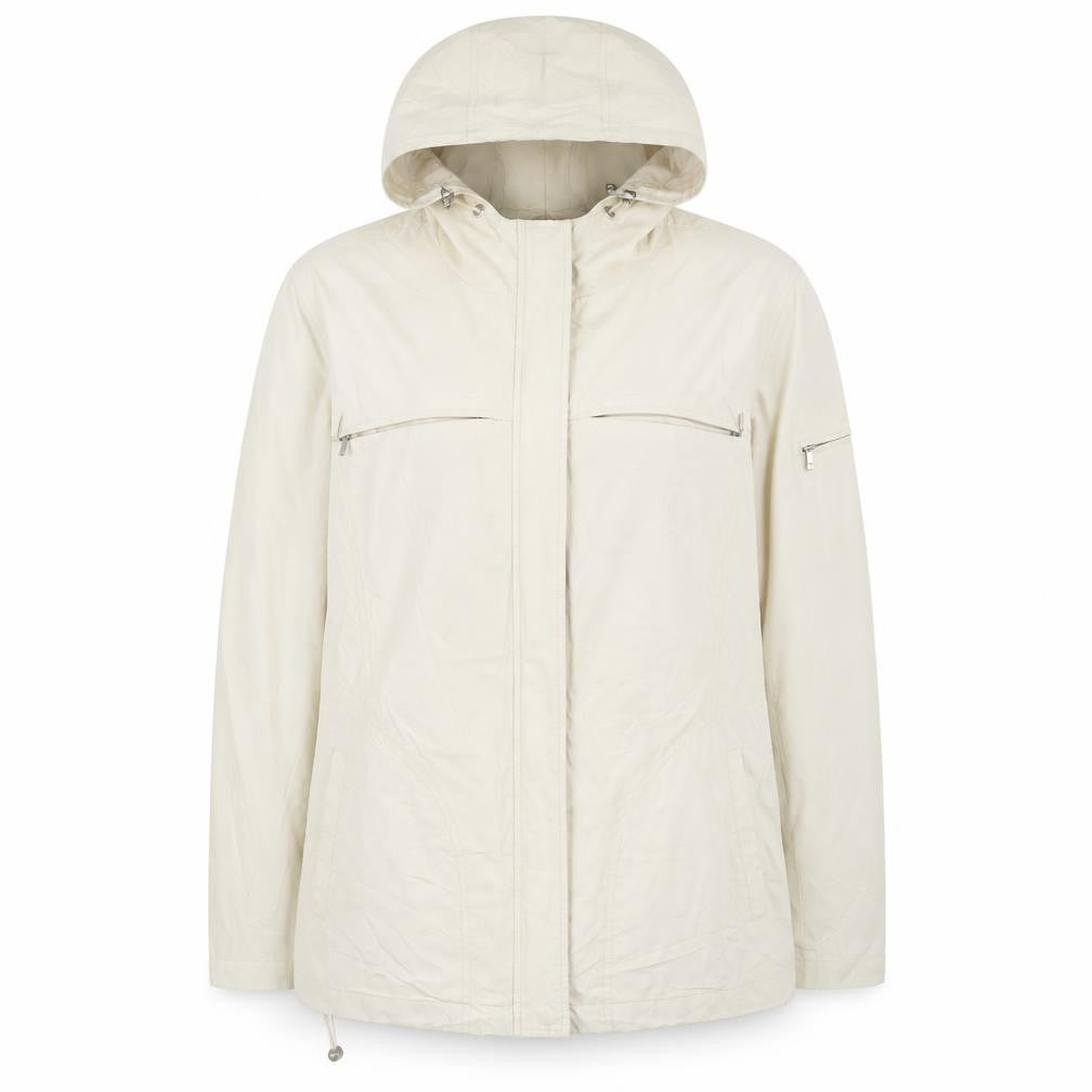 Front view of Debenhams women’s beige jacket, size UK 12, zip