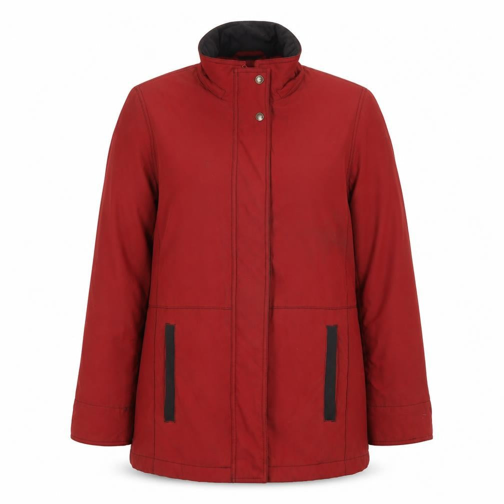 Front view of Berkertex women’s red parka jacket, size UK 10, zip -, size UK 10-12